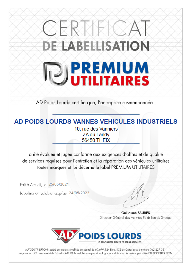 Certificat de labéllisation entretien et réparation véhicules utilitaires